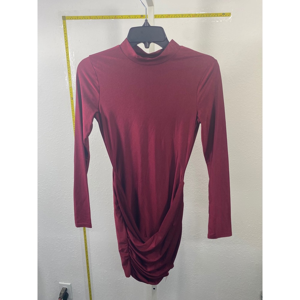 MICAS Burgundy Mock Neck Long Sleeve Ruched Draped Bodycon Mini Dress New